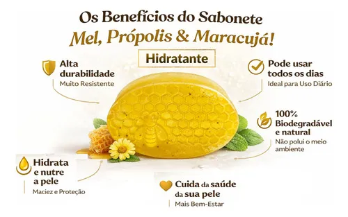 Kit 2 Sabonete Artesanal Mel + Própolis Jataí + Maracujá 85g — 5